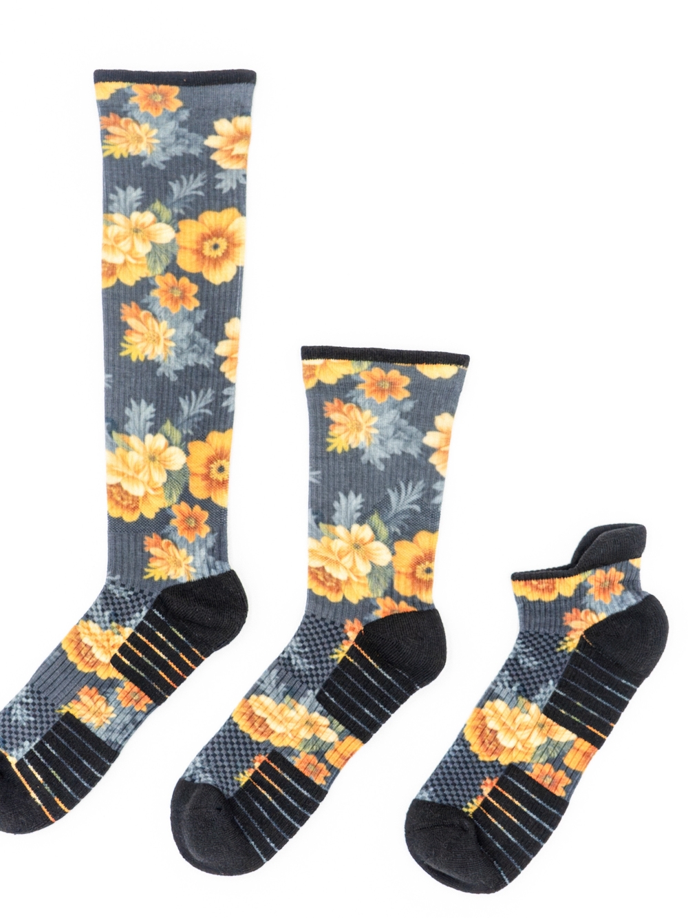 WoMen's Floral Crew & Ankle Compression Sock Set - Yellow Floral on Gray